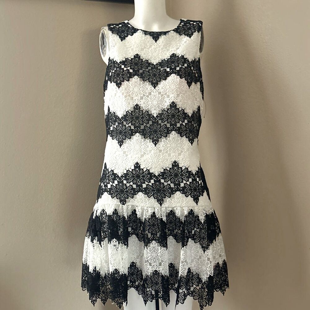 Betsey Johnson Womens Black White Striped Lace Overlay Dress Size 8